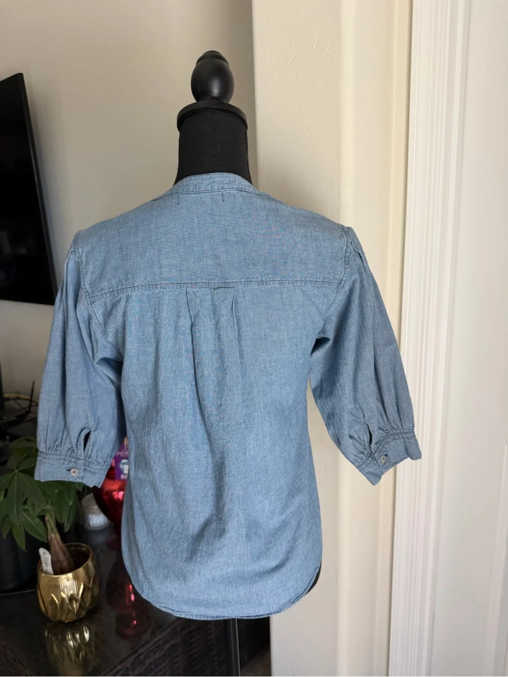 Light Blue Denim Split-Neck Women's Top